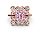 Rose gold Fancy Pink Princess  Halo Diamond Cluster Engagement Ring with Milgrain Bezel Setting and Solitaire Band_27