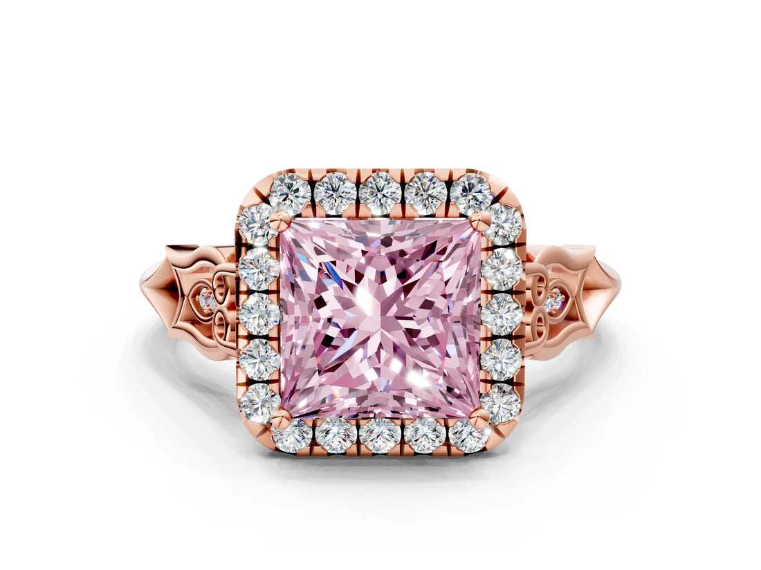 Rose gold Fancy Pink Princess  Halo Diamond Engagement Ring with Filigree Band and Four-Prong Setting_81