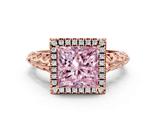 Rose gold Fancy Pink Princess  Halo Diamond Engagement Ring with Intricate Filigree Band and Four-Prong Setting