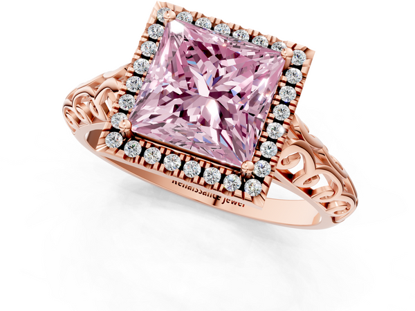 Rose gold Fancy Pink Princess  Halo Diamond Engagement Ring with Intricate Filigree Band and Four-Prong Setting