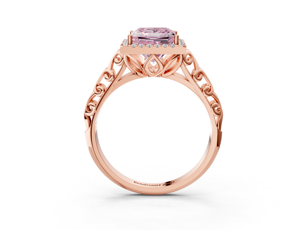 Rose gold Fancy Pink Princess  Halo Diamond Engagement Ring with Intricate Filigree Band and Four-Prong Setting