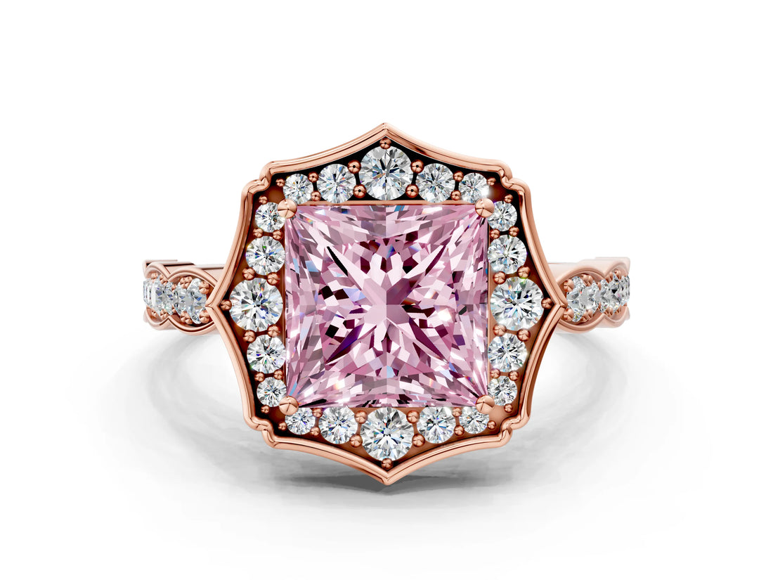 Rose gold Fancy Pink Princess  Halo Diamond Engagement Ring with Milgrain Band and Four-Prong Setting_16