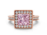 Rose gold Fancy Pink Princess  Halo Diamond Engagement Ring with Milgrain Pave Band and Four-Prong Setting_159
