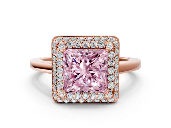 Rose gold Fancy Pink Princess  Halo Diamond Engagement Ring with Solitaire Band and Four-Prong Setting