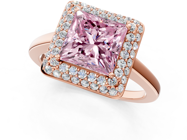 Rose gold Fancy Pink Princess  Halo Diamond Engagement Ring with Solitaire Band and Four-Prong Setting