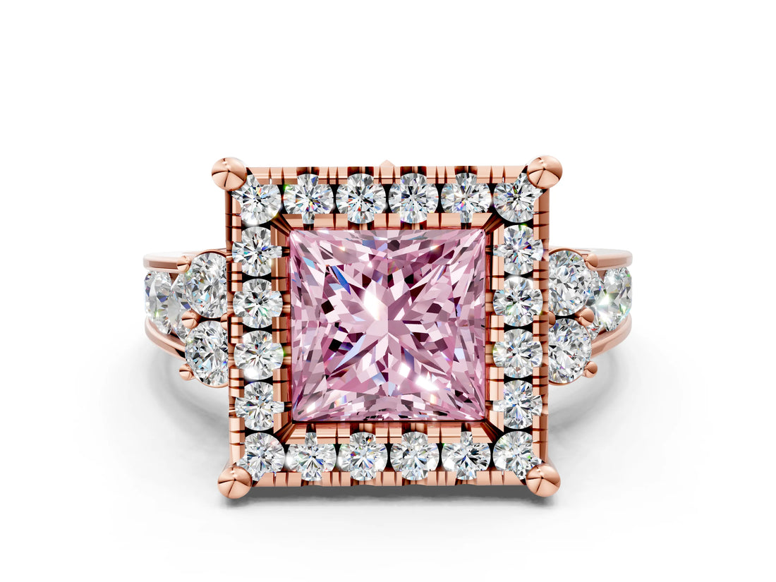 Rose gold Fancy Pink Princess  Halo Diamond Engagement Ring with Split Shank and Four-Prong Setting_23