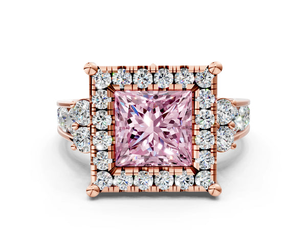 Rose gold Fancy Pink Princess  Halo Diamond Engagement Ring with Split Shank and Four-Prong Setting