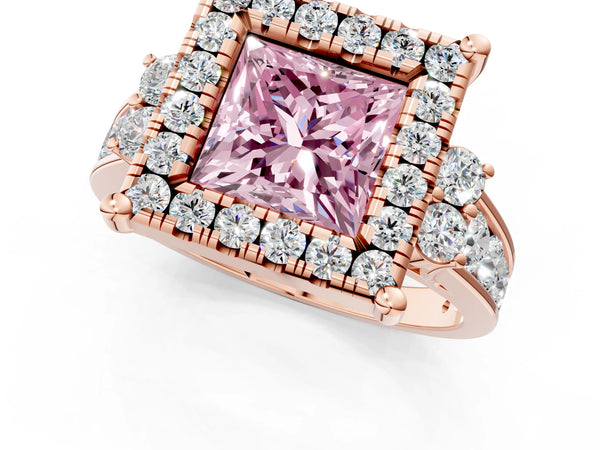 Rose gold Fancy Pink Princess  Halo Diamond Engagement Ring with Split Shank and Four-Prong Setting
