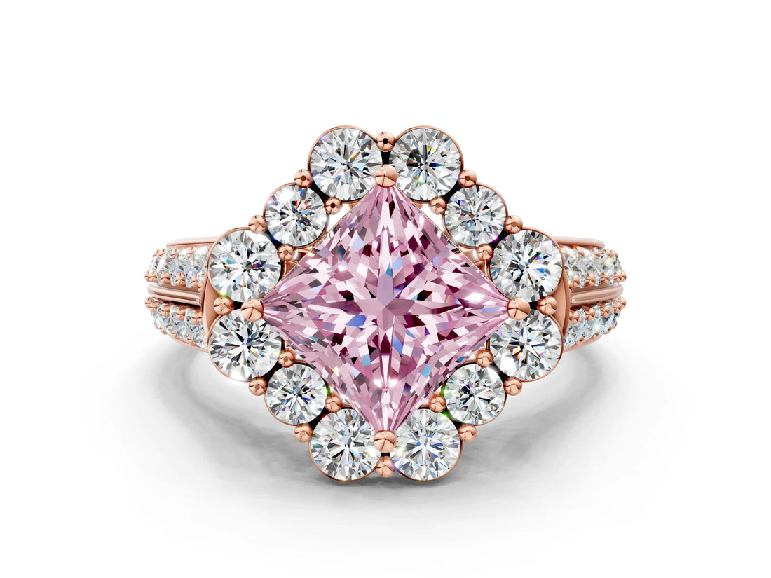 Rose gold Fancy Pink Princess  Halo Diamond Engagement Ring with Split Shank and Prong Setting_28