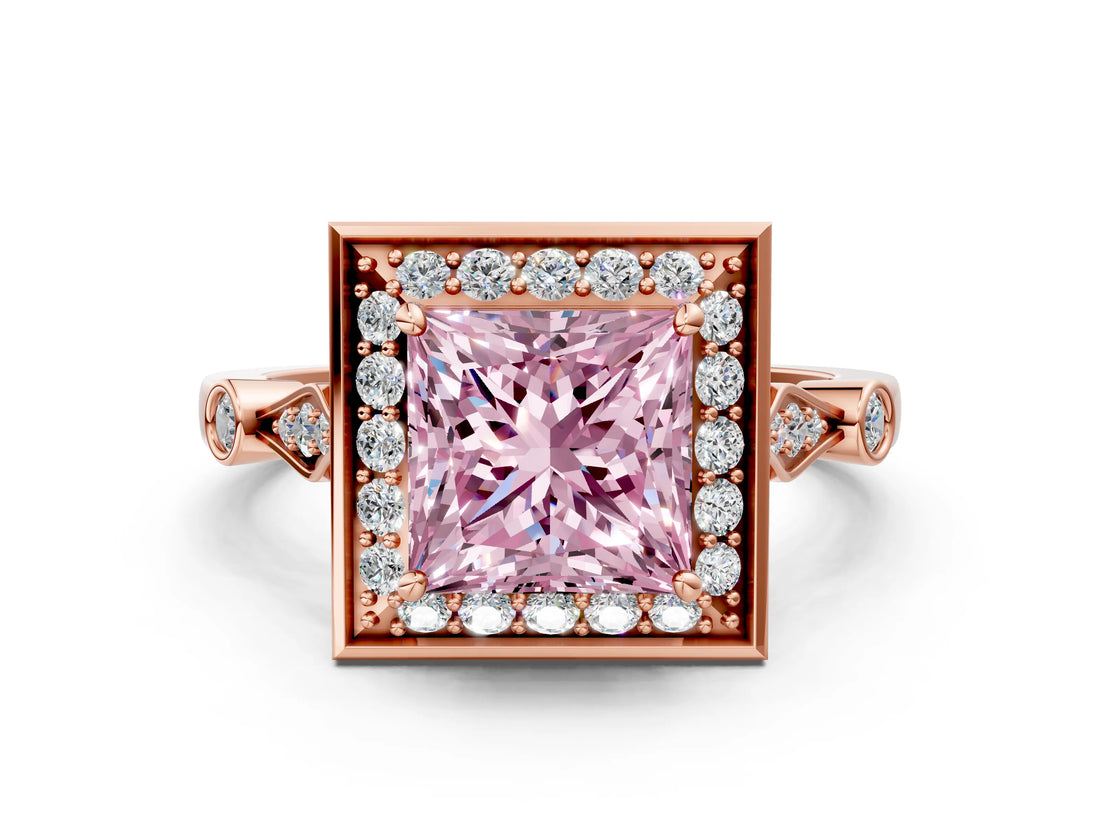Rose gold Fancy Pink Princess  Halo Diamond Engagement Ring with Twisted Band and Four-Prong Setting 2