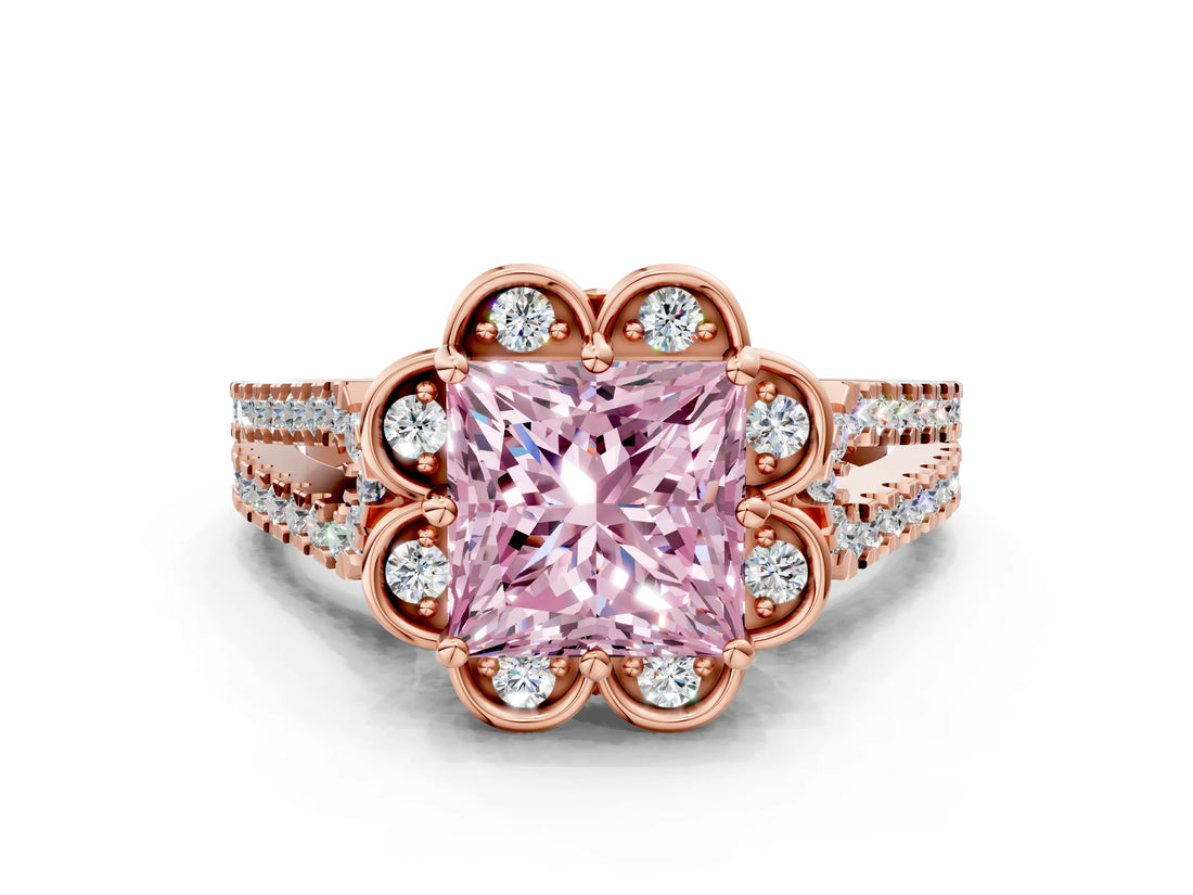 Rose gold Fancy Pink Princess  Halo Diamond Floral Split Shank Engagement Ring 1