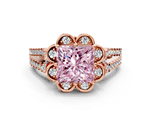 Rose gold Fancy Pink Princess  Halo Diamond Floral Split Shank Engagement Ring