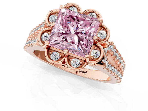 Rose gold Fancy Pink Princess  Halo Diamond Floral Split Shank Engagement Ring