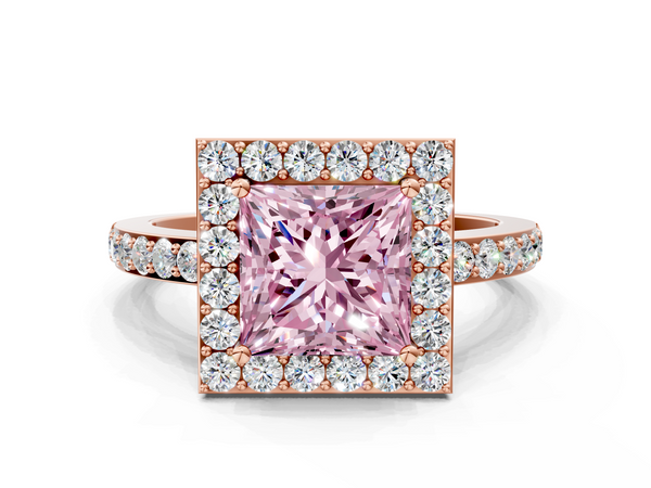 Rose gold Fancy Pink Princess  Halo Diamond Pavé Band Ring with Prong Setting