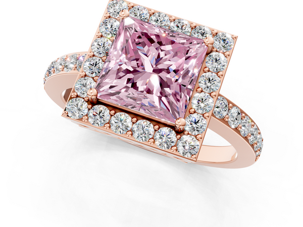 Rose gold Fancy Pink Princess  Halo Diamond Pavé Band Ring with Prong Setting