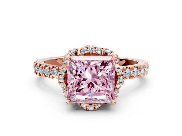 Rose gold Fancy Pink Princess  Halo Diamond Pave Band Ring with Four-Prong Setting