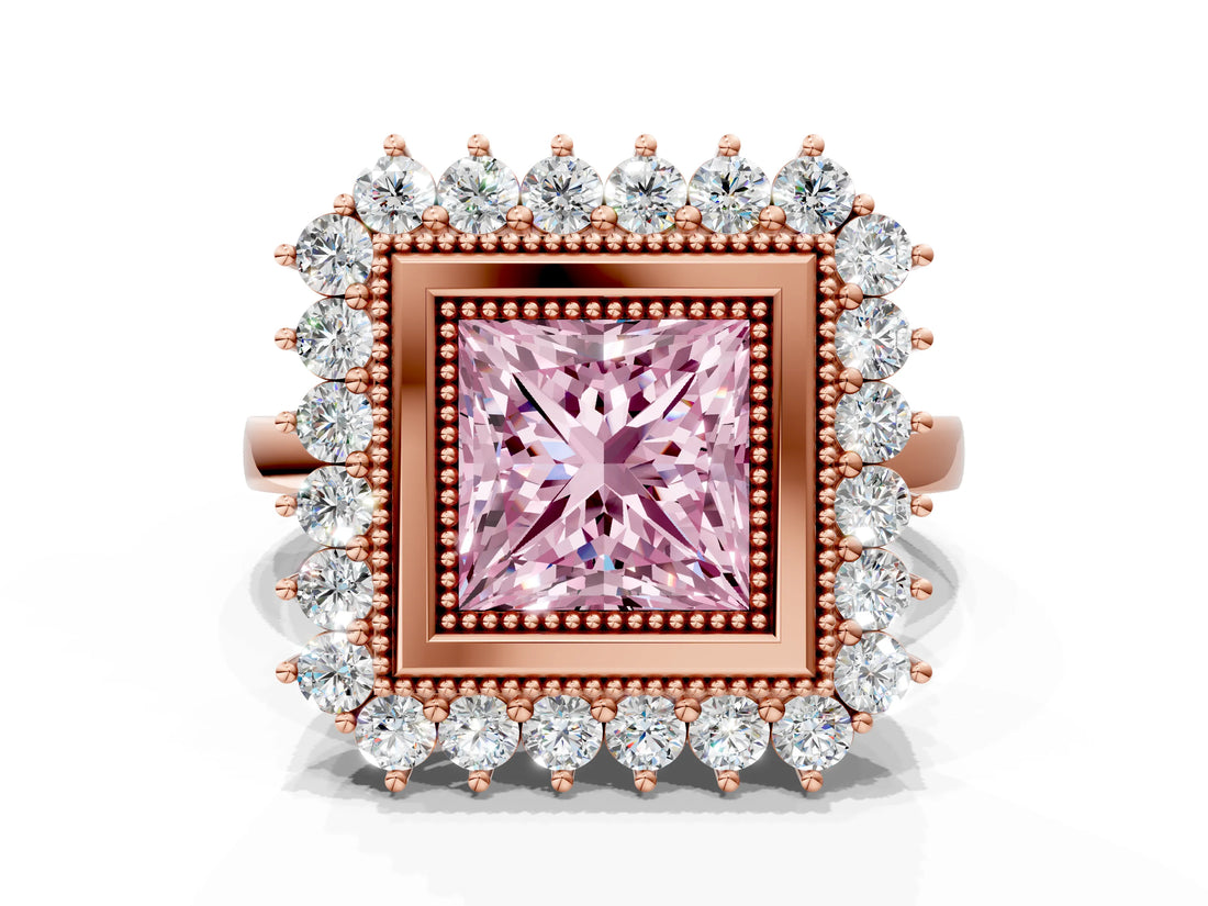 Rose gold Fancy Pink Princess  Halo Diamond Ring with Milgrain Edge and Round Prong Setting_27