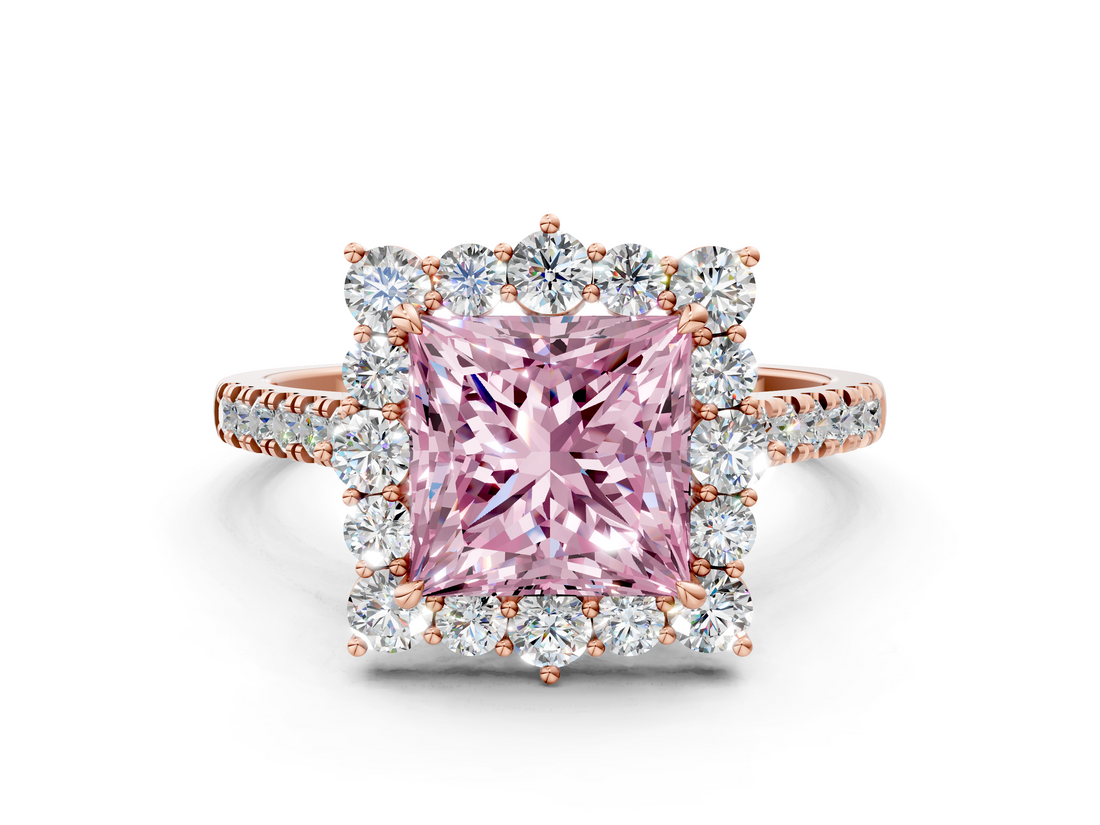 Rose gold Fancy Pink Princess  Halo Diamond Ring with Pavé Band and Prong Setting_17