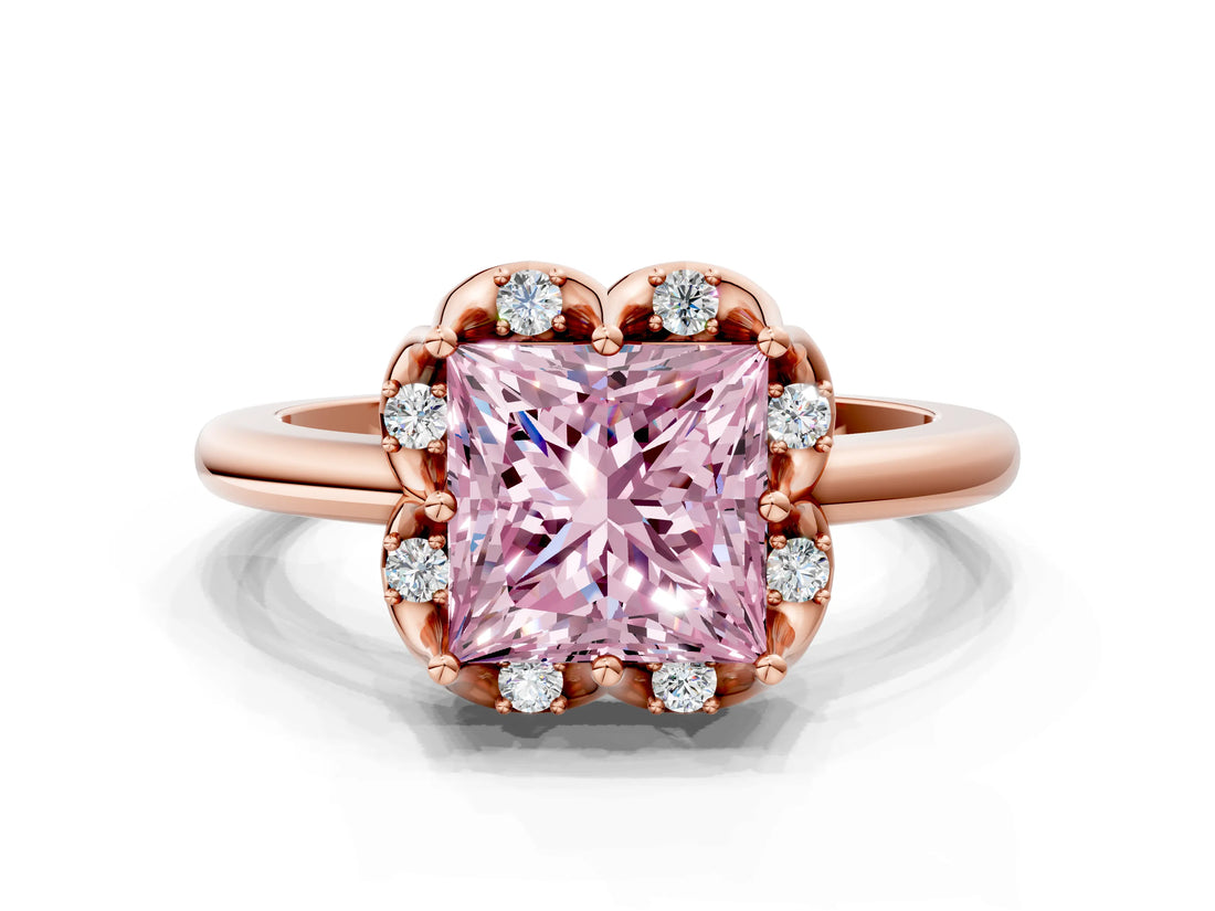 Rose gold Fancy Pink Princess  Halo Diamond Ring with Round Cluster Setting, Solitaire Band, and Four-Prong Setting_29