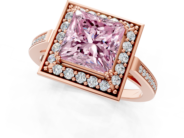 Rose gold Fancy Pink Princess Cut Diamond Halo Ring with Split Shank and Four-Prong Setting