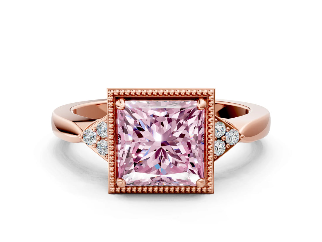 Rose gold Fancy Pink Princess  Halo Diamond Ring with Tapered Band and Four-Prong Setting_3