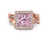 Rose gold Fancy Pink Princess  Halo Diamond Ring with Vintage Split Shank and Four-Prong Setting