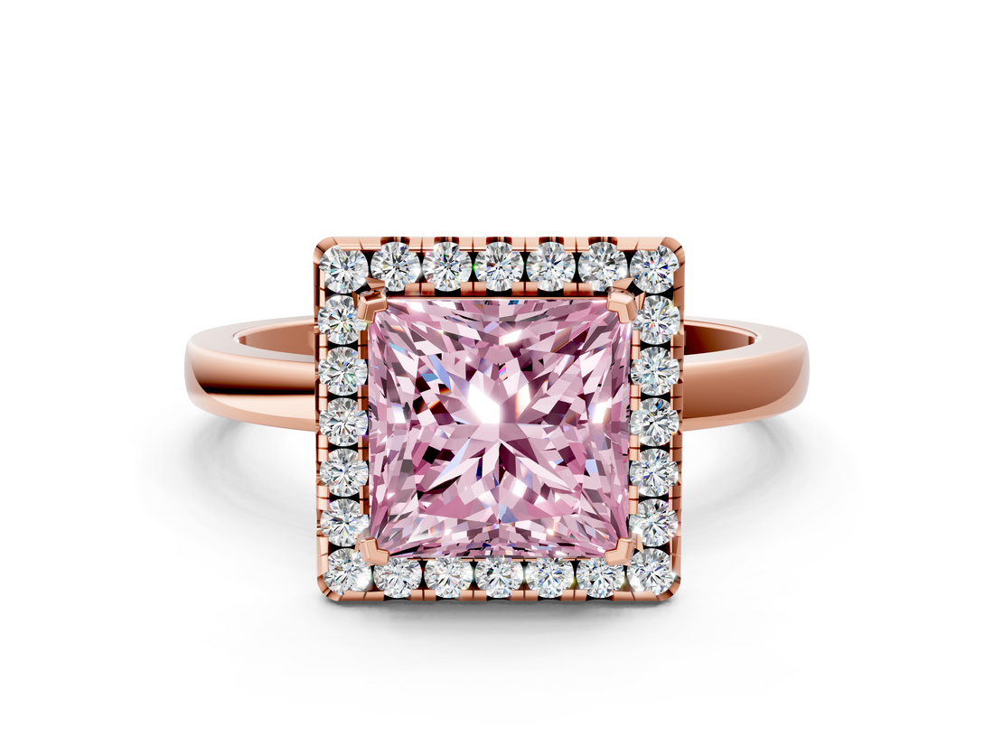 Rose gold Fancy Pink Princess  Halo Diamond Solitaire with Pavé Band and Four-Prong Setting