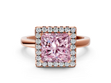 Rose gold Fancy Pink Princess  Halo Diamond Solitaire with Pavé Band and Four-Prong Setting