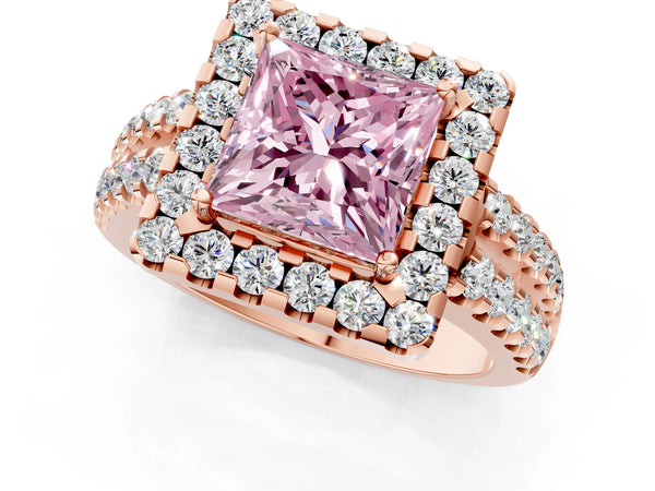 Rose gold Fancy Pink Princess  Halo Diamond Split Shank Engagement Ring with Prong Setting