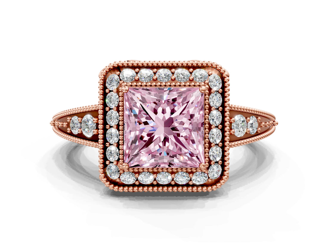 Rose gold Fancy Pink Princess  Halo Diamond Split Shank Ring with Milgrain Detail_29