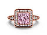 Rose gold Fancy Pink Princess  Halo Diamond Split Shank Ring with Milgrain Detail_29