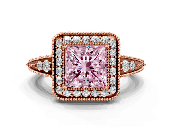 Rose gold Fancy Pink Princess  Halo Diamond Split Shank Ring with Milgrain Detail