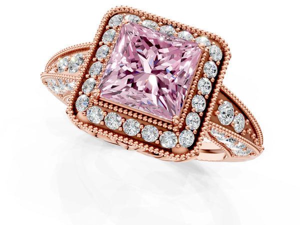 Rose gold Fancy Pink Princess  Halo Diamond Split Shank Ring with Milgrain Detail
