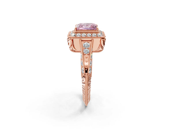 Rose gold Fancy Pink Princess  Halo Diamond Split Shank Ring with Milgrain Detail