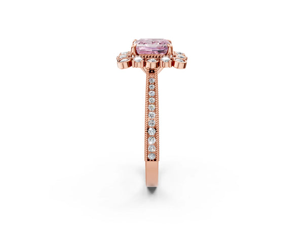 Rose gold Fancy Pink Princess  Halo Milgrain Pave Diamond Ring with Four-Prong Setting