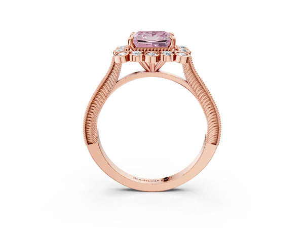 Rose gold Fancy Pink Princess  Halo Milgrain Pave Diamond Ring with Four-Prong Setting