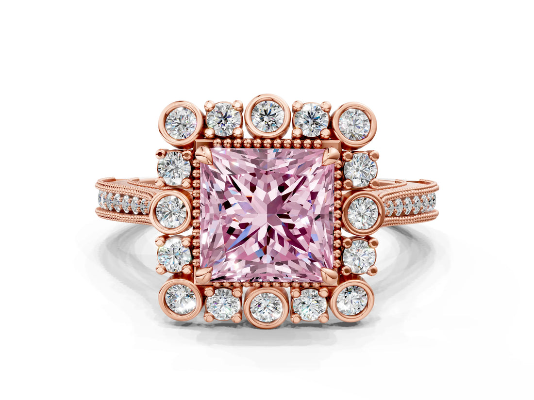 Rose gold Fancy Pink Princess  Halo Milgrain Pave Diamond Ring with Four-Prong Setting