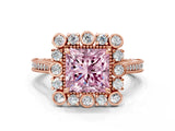 Rose gold Fancy Pink Princess  Halo Milgrain Pave Diamond Ring with Four-Prong Setting