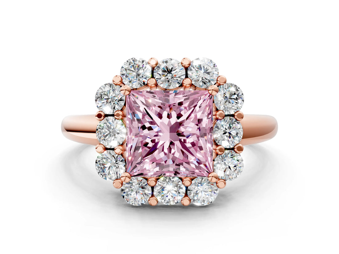 Rose gold Fancy Pink Princess  Halo Milgrain Solitaire with Bezel Set Side Stones and Pave Band_31