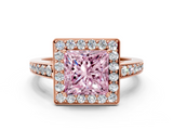 Rose gold Fancy Pink Princess  Halo Pavé Diamond Engagement Ring with Bezel Setting