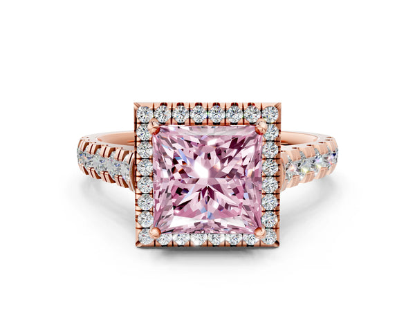 Rose gold Fancy Pink Princess  Halo Pavé Diamond Engagement Ring with Four-Prong Setting