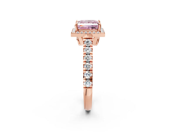 Rose gold Fancy Pink Princess  Halo Pavé Diamond Engagement Ring with Four-Prong Setting