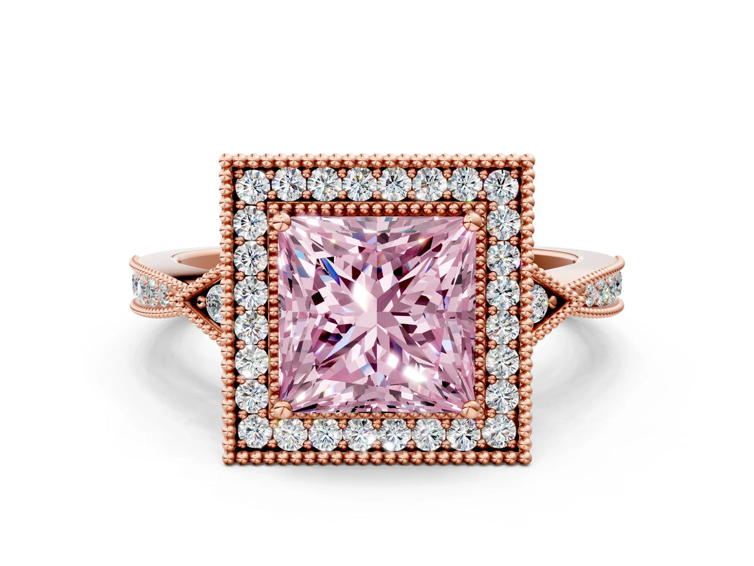 Rose gold Fancy Pink Princess  Halo Round Diamond Milgrain Pave Engagement Ring_3