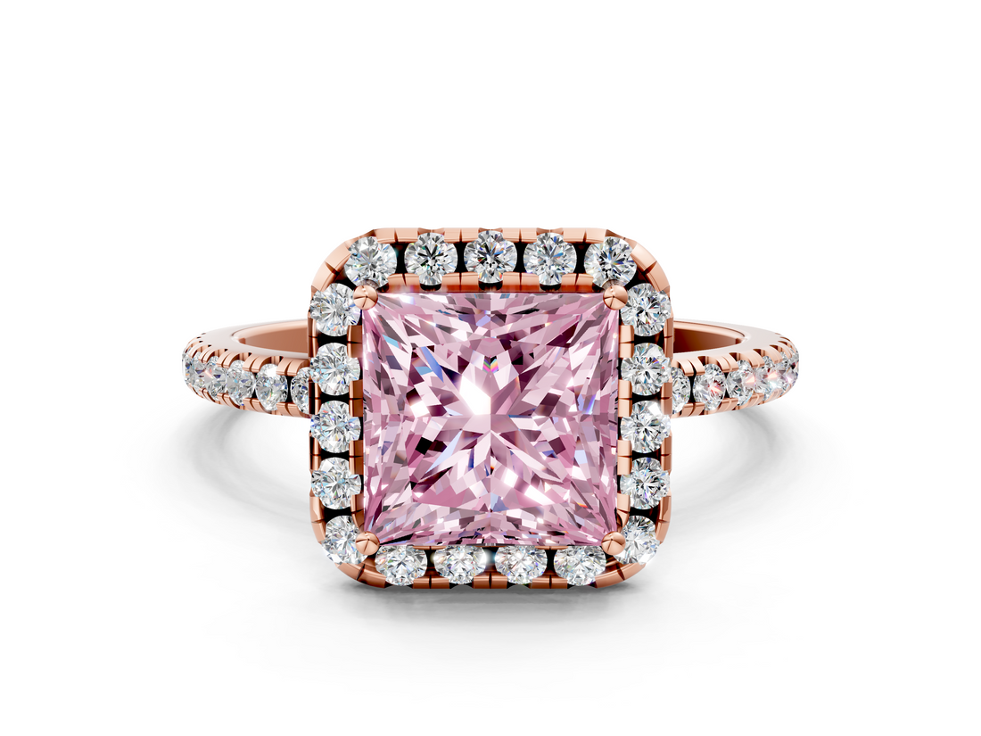 Rose gold Fancy Pink Princess  Halo Round Diamond Pavé Band Four-Prong Ring_3