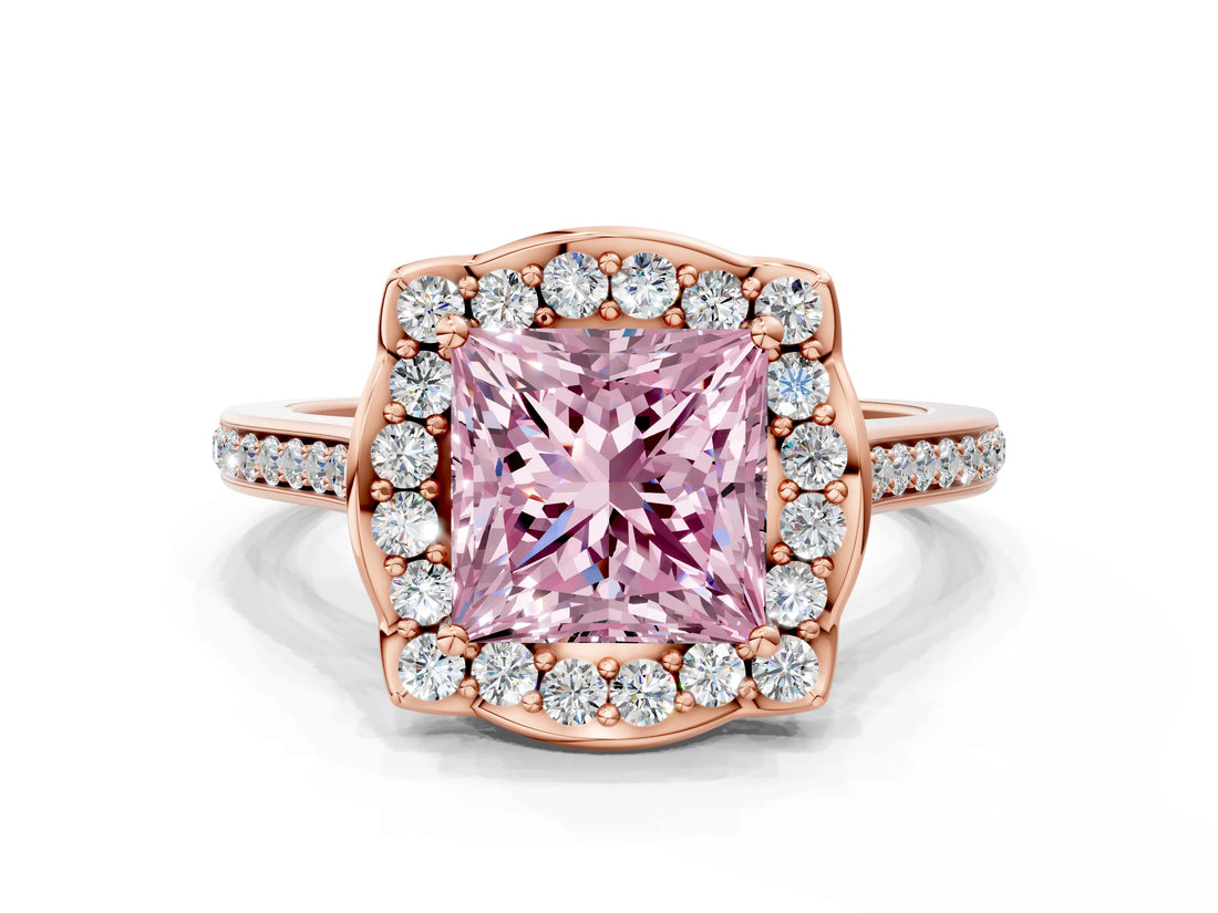 Rose gold Fancy Pink Princess  Halo Round Diamond Pave Band with Four-Prong Setting_39