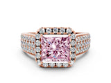 Rose gold Fancy Pink Princess  Halo Round Diamond Pave Band with Prong Setting