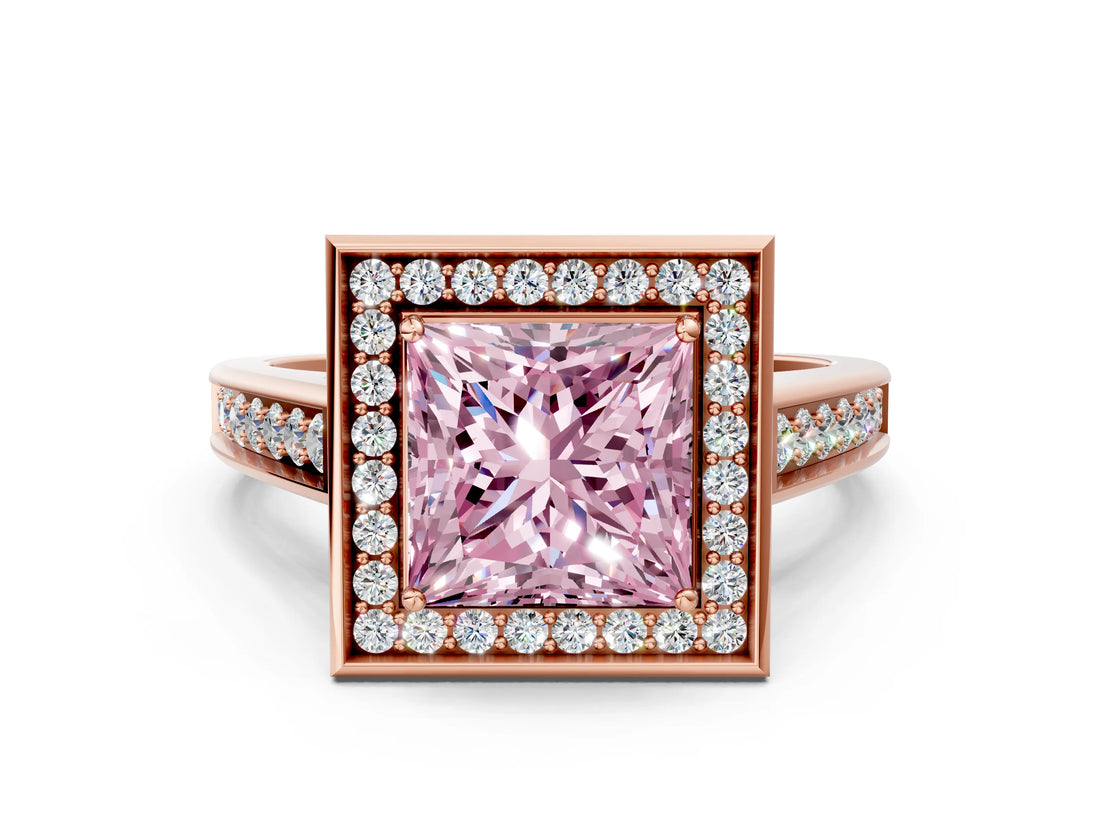 Rose gold Fancy Pink Princess  Halo Solitaire Diamond Ring with Pave Band and Bezel Setting_29