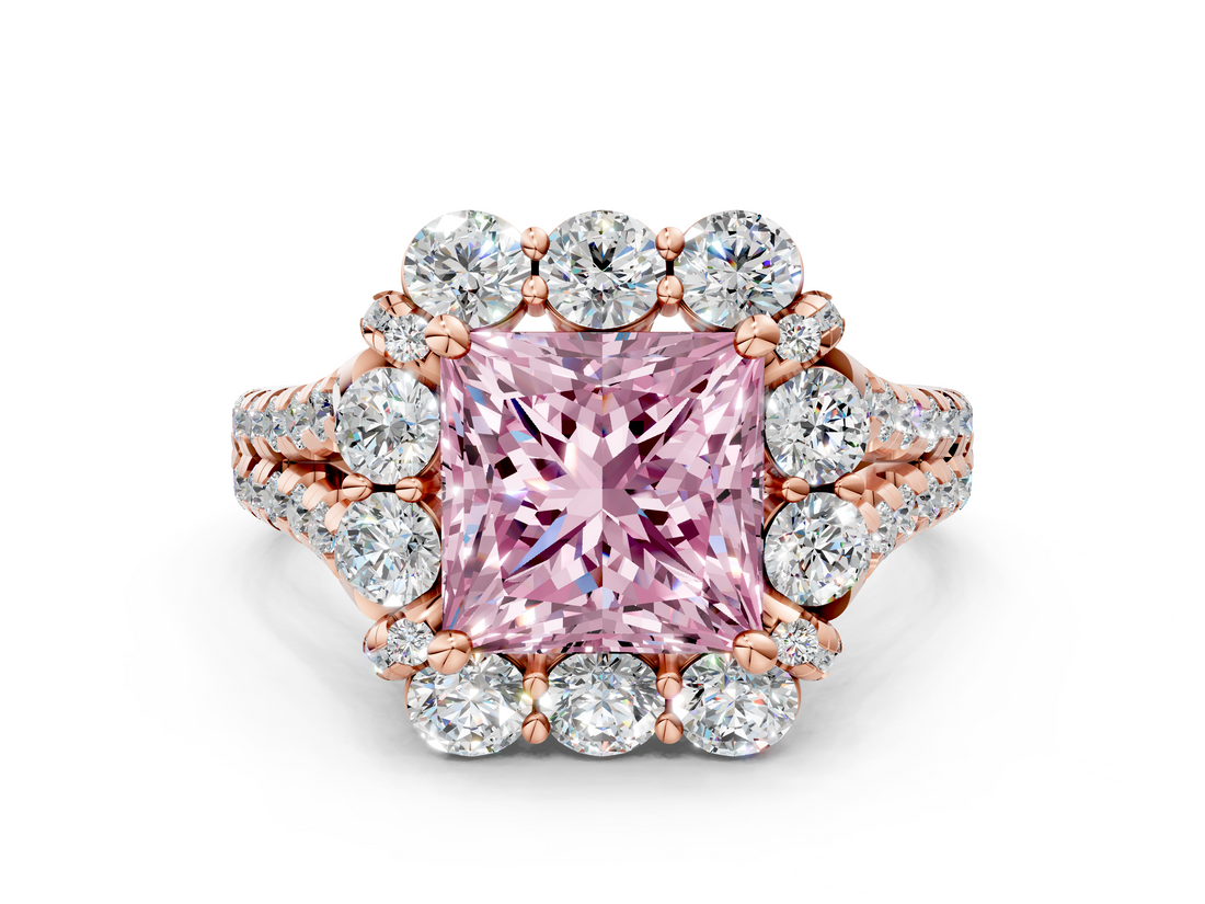 Rose gold Fancy Pink Princess  Halo Split Shank Diamond Engagement Ring with Pave Band and Four-Prong Setting