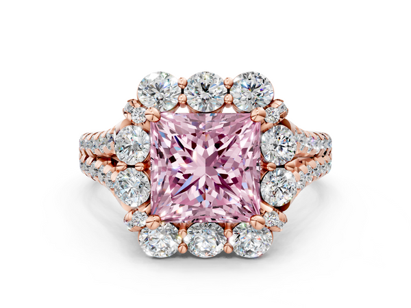 Rose gold Fancy Pink Princess  Halo Split Shank Diamond Engagement Ring with Pave Band and Four-Prong Setting