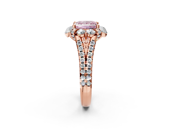 Rose gold Fancy Pink Princess  Halo Split Shank Diamond Engagement Ring with Pave Band and Four-Prong Setting